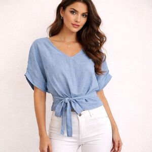 AMARYLLIS Linen Blend Tie-Front Top Women’s Small Light Blue Short Sleeve Blouse